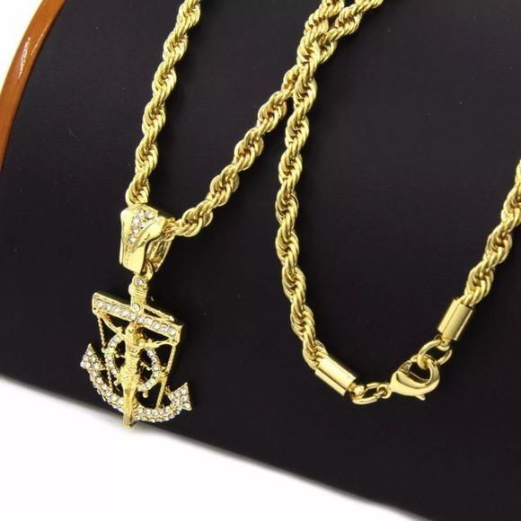 14K Gold Anchor Jesus Pendant & Rope Chain - Picture 3 of 5